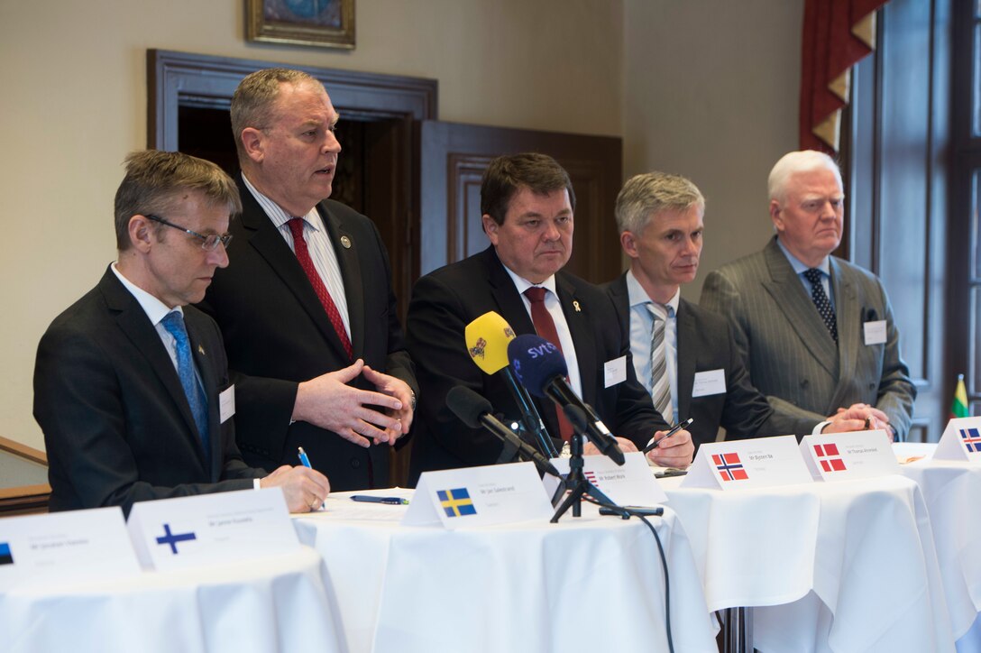 Deputy Defense Secretary Bob Work speaks at a news conference with defense representatives from Baltic and Nordic states in Stockholm, April 26, 2016. Work is on a weeklong trip to Sweden and Belgium to meet with regional leaders and NATO officials. DoD photo by Navy Petty Officer 1st Class Tim D. Godbee 