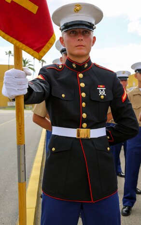 Private First Class Collin R. Betnar, Platoon 1015, Alpha Company, 1st Recruit Training Battalion, stands at parade rest prior to graduation at Marine Corps Recruit Depot San Diego, April 22. Betnar is a Gladstone, Ore., native and was recruited out of Recruiting Station Portland, Ore. Annually, more than 17,000 males recruited from the Western Recruiting Region are trained at MCRD San Diego.