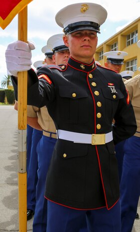 Private First Class David M. Whilden, Platoon 1010, Alpha Company, 1st Recruit Training Battalion, stands at parade rest prior to graduation at Marine Corps Recruit Depot San Diego, April 22. Whilden is a Minden, Nev., native and was recruited out of Recruiting Station Sacramento. Annually, more than 17,000 males recruited from the Western Recruiting Region are trained at MCRD San Diego.