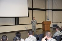 Master Sgt. Israel Del Toro, the first 100 percent disabled Airman to re-enlist in the Air Force, speaks about resilience to a group of service members from Joint Base San Antonio-Lackland, Texas,  April 13, 2016, at the Pfingston Reception Center. Del Toro, former Tactical Air Control Party instructor, was severally wounded by a roadside bomb blast in Afghanistan in late 2005. He is currently a Wounded Warrior athlete who trains in Colorado Springs, Colorado. 
