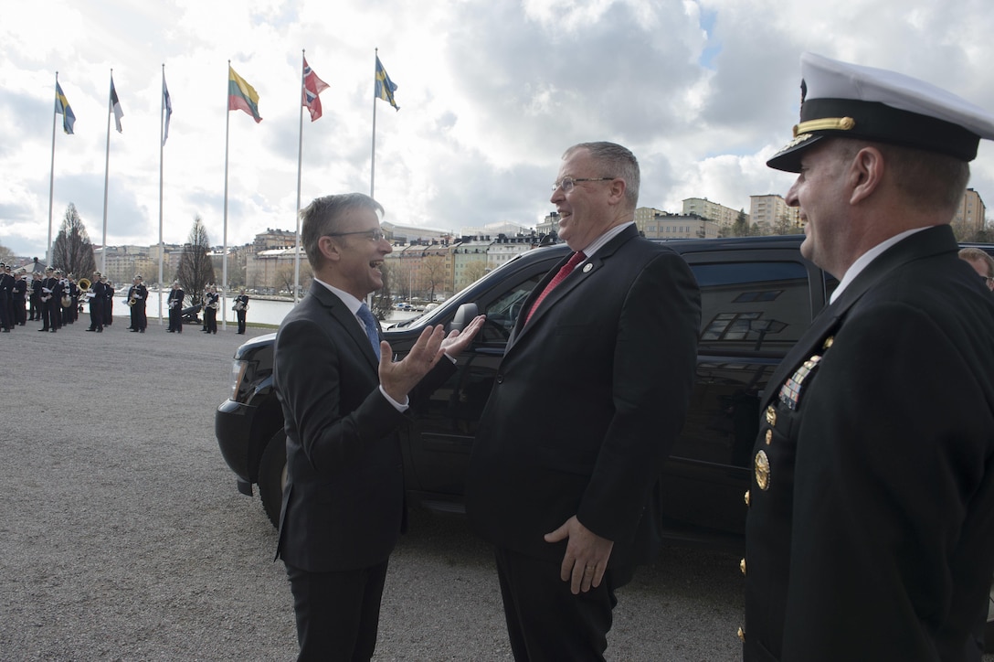 Deputy Defense Secretary Bob Work shares a light moment with Swedish State Secretary Jan Salestrand in Stockholm, April 26, 2016. Work is in Sweden to strengthen and reassure alliances in the Baltic and Nordic regions. DoD photo by Navy Petty Officer 1st Class Tim D. Godbee
