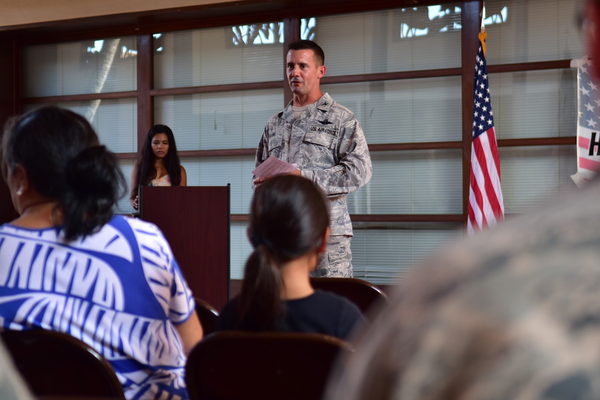 Colonel Charles Velino, commander, 15th Operations Group, speaks to the crowd during the Homefront Heroes Ceremony, held April 20, 2016, at the Hickam Military and Family Support Center. Homefront Heroes is a yearly event to recognize children whose parents are currently serving in a deployed environment, or who are frequently TDY. The event is intended to highlight the sacrifices the children make, and the challenges they face when their loved one is away from home. (U.S. Air Force photo by Staff Sgt. Christopher Stoltz)