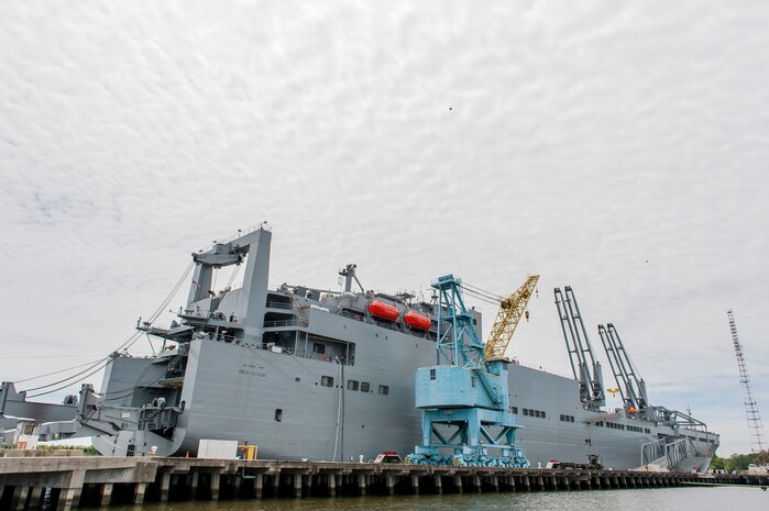 Over 1,300 pieces of equipment were loaded onto the 950-foot long, six interior deck, the U.S. Naval Ship Red Cloud, April 18, 2016, at Joint Base Charleston, S.C. – Weapons Station. Members from the Army Strategic Logistics Activity Charleston and the 841st Transportation Battalion staged, processed and configured the equipment to support USNS Red Cloud’s prepositioned ship mission. (U.S. Air Force photo/Staff Sgt. Jared Trimarchi) 