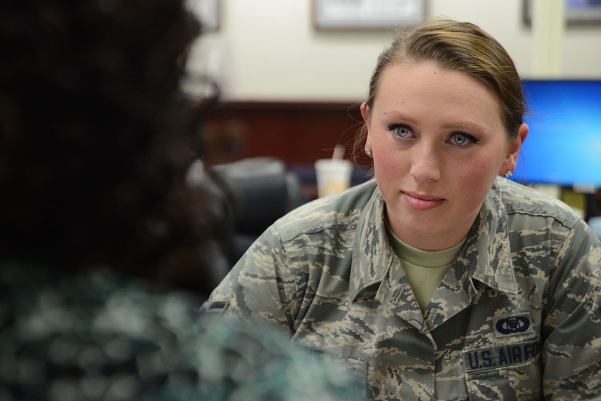 Airman 1st Class Aysia Sauer, 673d Air Base Wing Command Post emergency actions controller, plans to go through the Physician’s Assistant program with the help of the education office at Joint Base Elmendorf-Richardson, Alaska, April 20, 2016. The JBER Education Center counsels individuals looking to advance their education through classes and available programs. (U.S. Air Force photo by Airman 1st Class Christopher R. Morales)