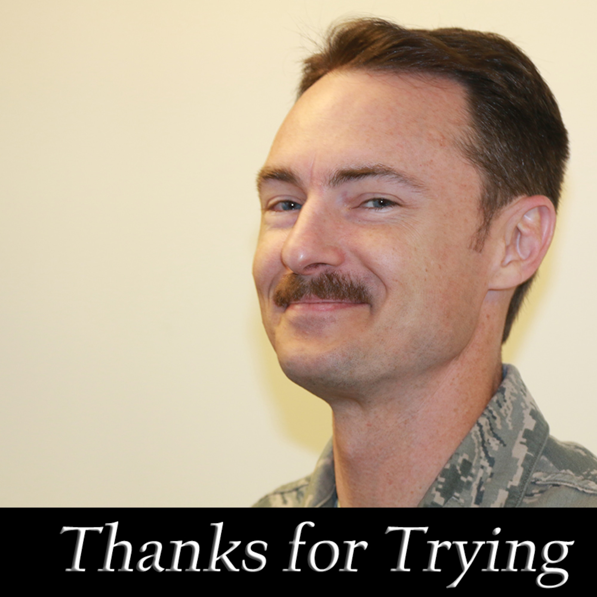 Lt. Colonel Chris Clark, 56th Operations Group, Det. 2, was the only member not awarded a prize in the Kingsley Field Mustache March competition April 1, 2016, but thanks for trying.  Across the base member signed up to compete in a facial hair grown contest to raise money for the upcoming Combat Dining In function.  (U.S. Air National Guard photo by Master Sgt. Jennifer Shirar/released)