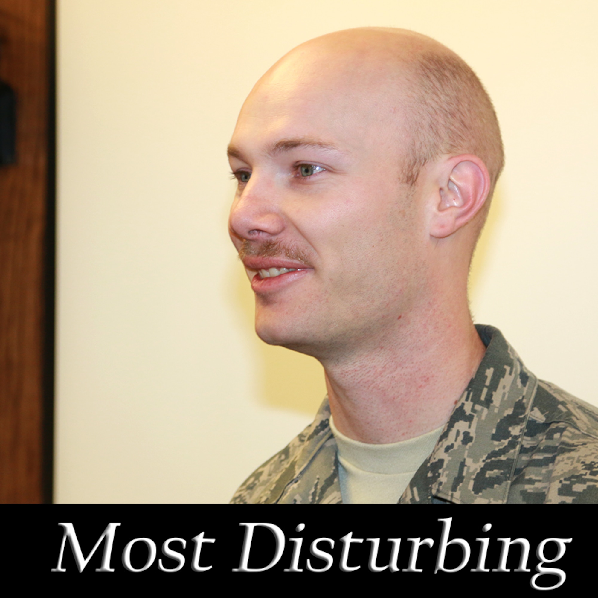 Senior Airman Nate Deleon, 173rd Fighter Wing Maintenance Group, was awarded the Most Disturbing in the Kingsley Field Mustache March competition April 1, 2016.  Across the base member signed up to compete in a facial hair grown contest to raise money for the upcoming Combat Dining In function.  (U.S. Air National Guard photo by Master Sgt. Jennifer Shirar/released)