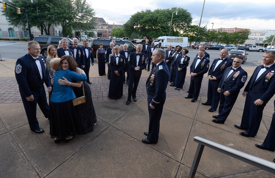 Air Force chief of staff, Gen. Mark. A. Welsh III and his wife, Betty, are welcomed by Chief Master Sgt. of the Air Force James A. Cody and five former Chief Master Sergeants of the Air Force, April 22, 2016, Montgomery, Ala. Welsh was bestowed the headquarters level Order of the Sword at the dining-in ceremony. (U.S. Air Force photo/Scott M. Ash)