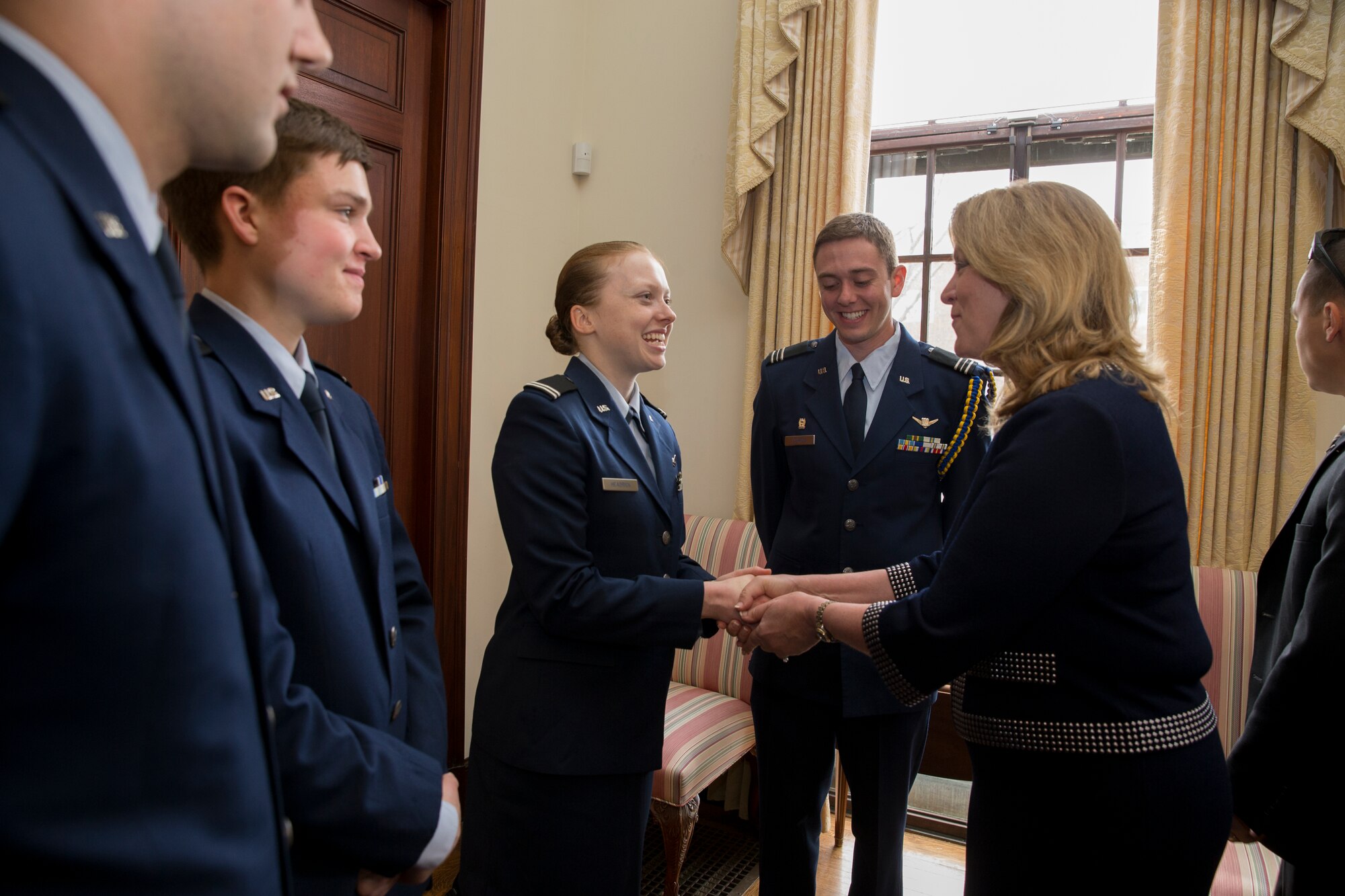 Secretary of the Air Force Secretary of the Air Force Deborah Lee James greets ROTC cadets at Harvard University after signing an agreement officially bringing the program back to the school April 22, 2016. This marks the first time the school has officially recognized the Air Force program since school officials stripped the program of its academic standing in 1971. (Courtesy photo/Rose Lincoln/Harvard Staff Photographer)
