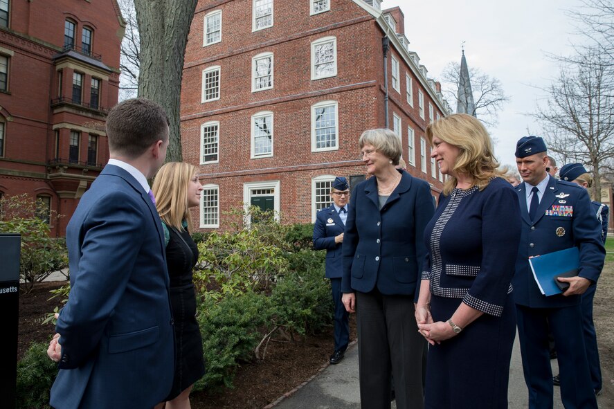 Deborah Lee James tours Harvard University before signing an agreement there officially brining the program back to the school April 22, 2016. This marks the first time the school has officially recognized the Air Force program since school officials stripped the program of its academic standing in 1971. James is accompanied by Harvard President Drew Faust. (Courtesy photo/Rose Lincoln/Harvard Staff Photographer)
