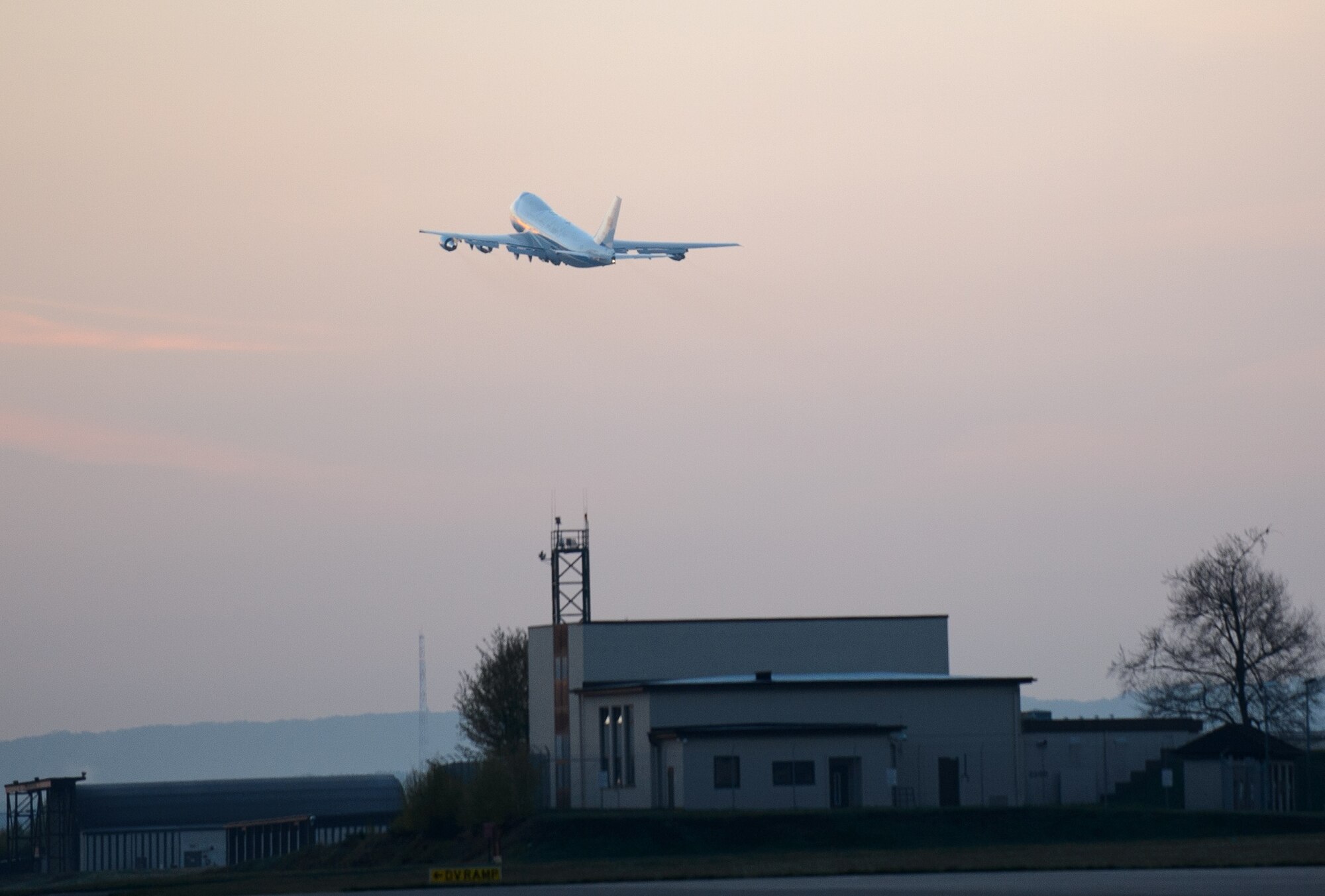 Air Force One takes-off into the Germany sunrise after a successful resupply and refuel at Ramstein Air Base, Germany, April 20, 2016. The Department of Defense, working in conjunction with other interagency and European partners, provides resources to support the President of the United States’ visit to the United Kingdom and Germany. The 86th Airlift Wing security forces, logistic readiness squadron and other units worked among 521st Air Mobility Operations Wing aerial porters and maintainers ensure a clean and ready aircraft. (U.S. Air Force photo/Staff Sgt. Armando A. Schwier-Morales)