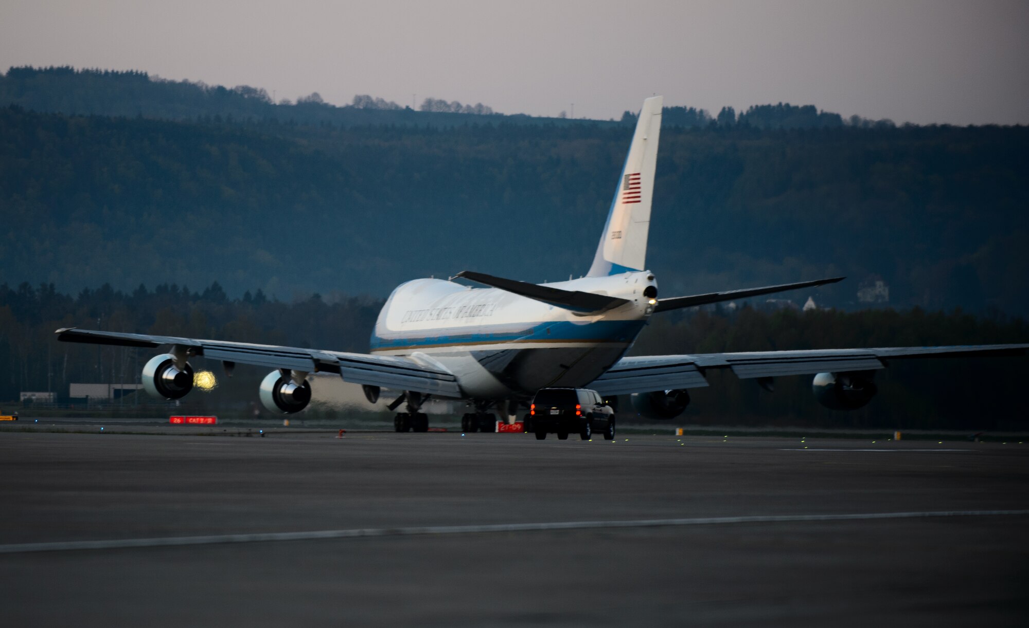 Air Force one taxis towards the runway at Ramstein Air Base, Germany, April 20, 2016. A quick stop in Germany for supplies was successful due to the efforts of the Airmen at Ramstein. The Department of Defense, working in conjunction with other interagency and European partners, provides resources to support the President of the United States’ visit to the United Kingdom and Germany. The 86th Airlift Wing security forces, logistic readiness squadron and other units worked among 521st Air Mobility Operations Wing aerial porters and maintainers ensure a clean and ready aircraft. (U.S. Air Force photo/Staff Sgt. Armando A. Schwier-Morales)