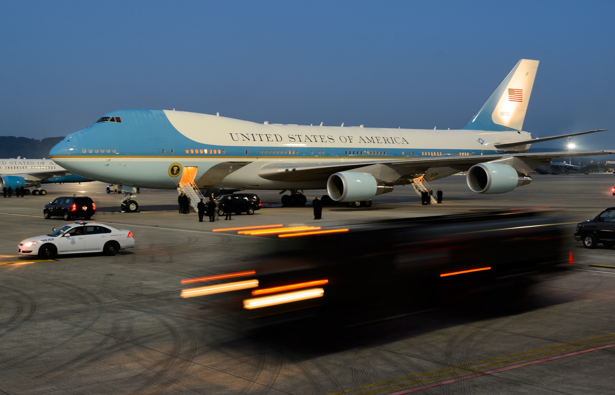 Logistic readiness vehicles leave the area around Air Force One April 20, 2016, at Ramstein Air Base, Germany. The Department of Defense, working in conjunction with other interagency and European partners, provides resources to support the President of the United States’ visit to the United Kingdom and Germany. The 86th Airlift Wing security forces, logistic readiness squadron and other units worked among 521st Air Mobility Operations Wing aerial porters and maintainers ensure a clean and ready aircraft. (U.S. Air Force photo/Staff Sgt. Armando A. Schwier-Morales)