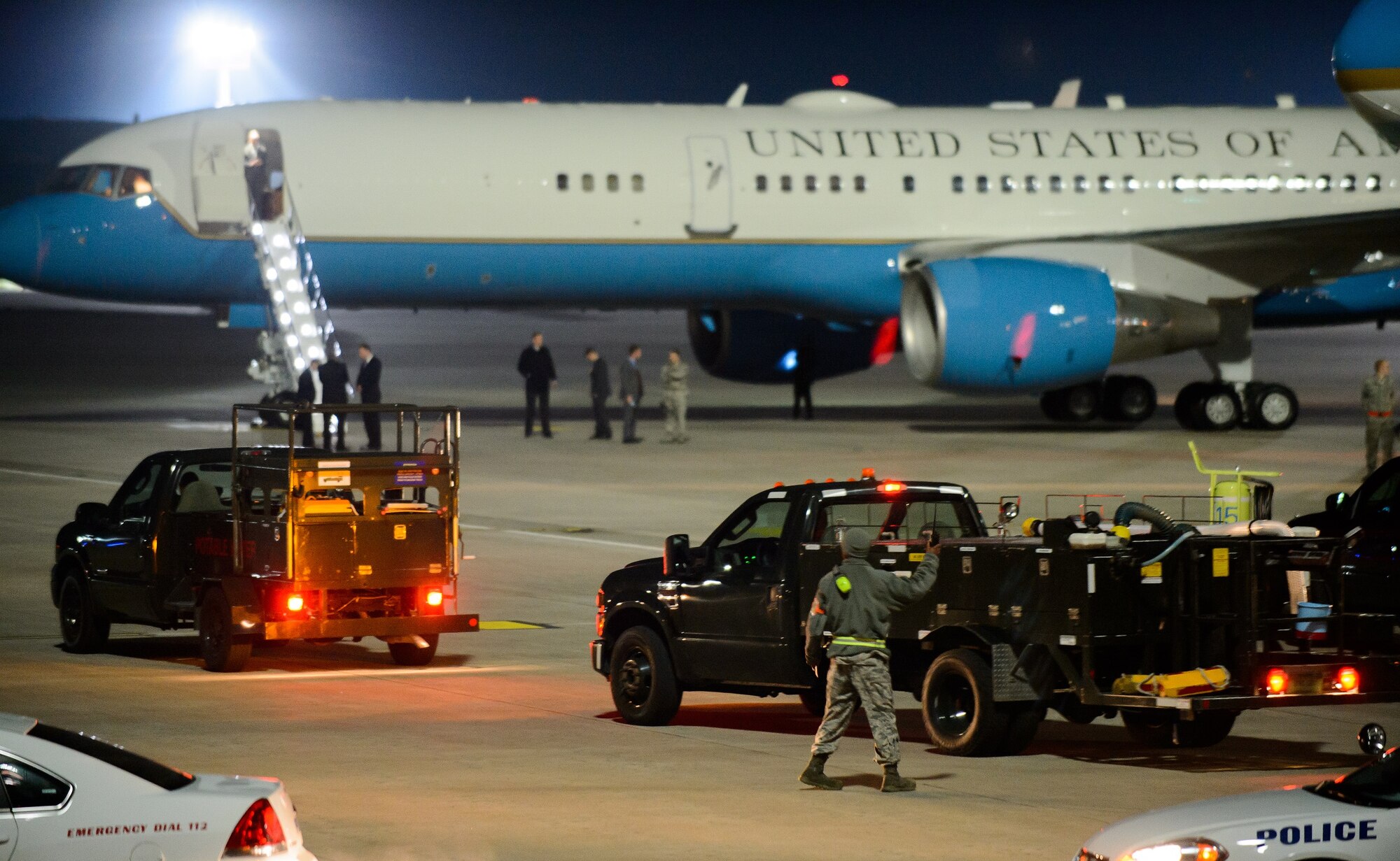 Airmen and their vehicles line the flightline to service Air Force one and support jet April 20, 2016, at Ramstein Air Base, Germany. The Department of Defense, working in conjunction with other interagency and European partners, provides resources to support the President of the United States’ visit to the United Kingdom and Germany. The 86th Airlift Wing security forces, logistic readiness squadron and other units worked among 521st Air Mobility Operations Wing aerial porters and maintainers ensure a clean and ready aircraft. (U.S. Air Force photo/Staff Sgt. Armando A. Schwier-Morales)