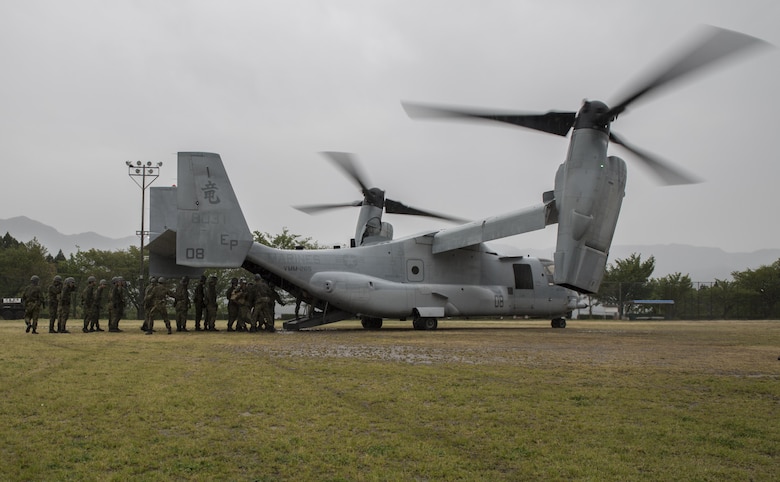 MV-22 Osprey squadron, Marine Medium Tiltrotor Squadron (VMM) 265 (Reinforced) attached to the 31st Marine Expeditionary Unit, arrived at Marine Corps Air Station Iwakuni, Japan, April 17-18, 2016, in support of the Government of Japan's relief efforts following the devastating earthquakes near Kumamoto. The long-standing alliance between Japan and the U.S allows U.S military forces in Japan to provide rapid, integrated support top the Japanese Self-Defense Forces and civil relief efforts. (U.S. Marine Corps photo by Cpl. Nicole Zurbrugg/Released)