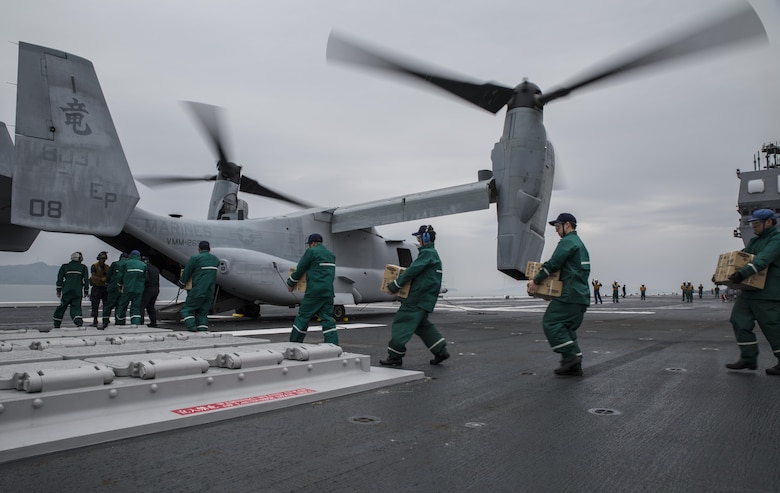 MV-22 Osprey squadron, Marine Medium Tiltrotor Squadron (VMM) 265 (Reinforced) attached to the 31st Marine Expeditionary Unit, arrived at Marine Corps Air Station Iwakuni, Japan, April 17-18, 2016, in support of the Government of Japan's relief efforts following the devastating earthquakes near Kumamoto. The long-standing alliance between Japan and the U.S allows U.S military forces in Japan to provide rapid, integrated support top the Japanese Self-Defense Forces and civil relief efforts. (U.S. Marine Corps photo by Cpl. Nicole Zurbrugg/Released)