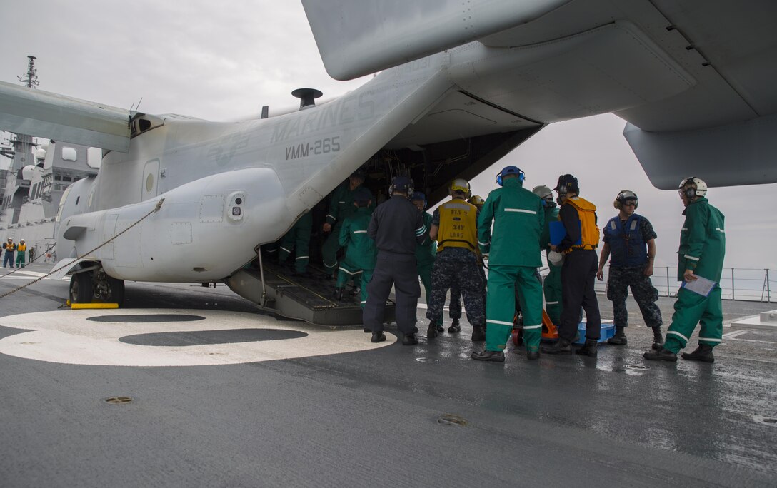 MV-22 Osprey squadron, Marine Medium Tiltrotor Squadron (VMM) 265 (Reinforced) attached to the 31st Marine Expeditionary Unit, arrived at Marine Corps Air Station Iwakuni, Japan, April 17-18, 2016, in support of the Government of Japan's relief efforts following the devastating earthquakes near Kumamoto. The long-standing alliance between Japan and the U.S allows U.S military forces in Japan to provide rapid, integrated support top the Japanese Self-Defense Forces and civil relief efforts. (U.S. Marine Corps photo by Cpl. Nicole Zurbrugg/Released)