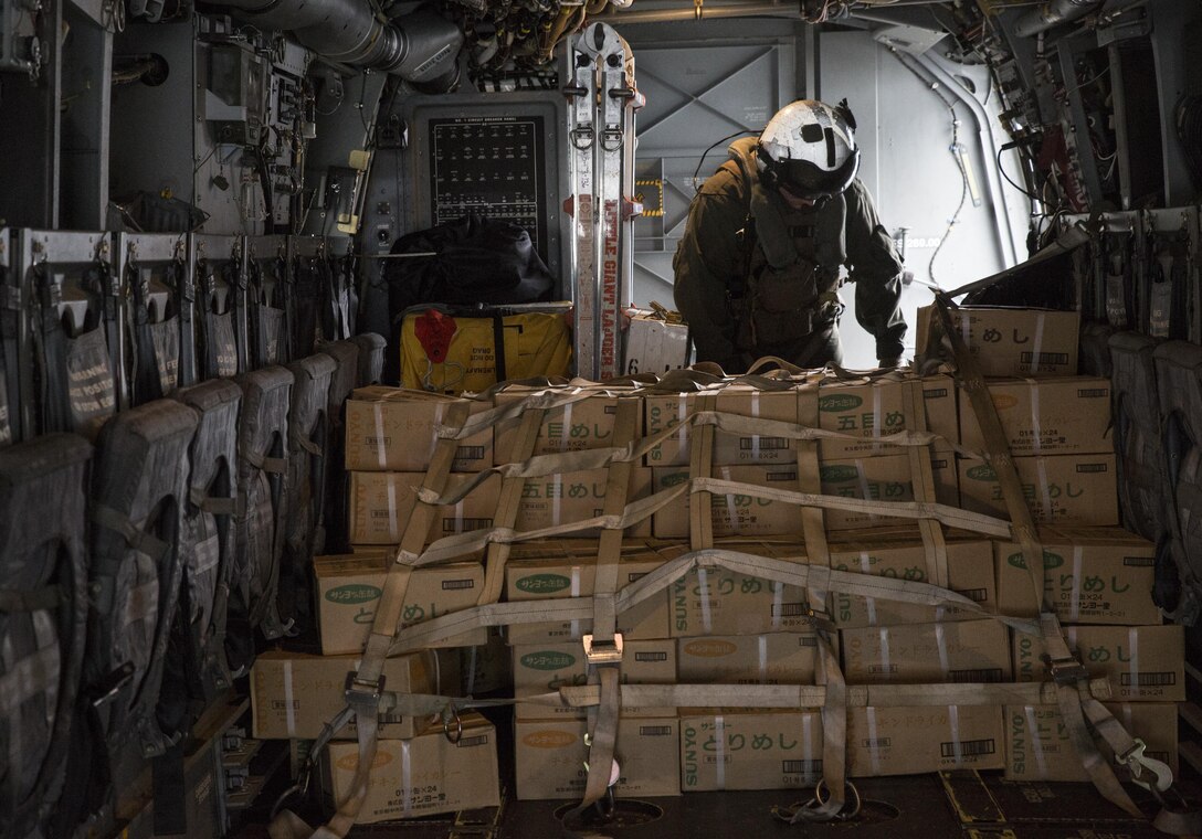 MV-22 Osprey squadron, Marine Medium Tiltrotor Squadron (VMM) 265 (Reinforced) attached to the 31st Marine Expeditionary Unit, arrived at Marine Corps Air Station Iwakuni, Japan, April 17-18, 2016, in support of the Government of Japan's relief efforts following the devastating earthquakes near Kumamoto. The long-standing alliance between Japan and the U.S allows U.S military forces in Japan to provide rapid, integrated support top the Japanese Self-Defense Forces and civil relief efforts. (U.S. Marine Corps photo by Cpl. Nicole Zurbrugg/Released)