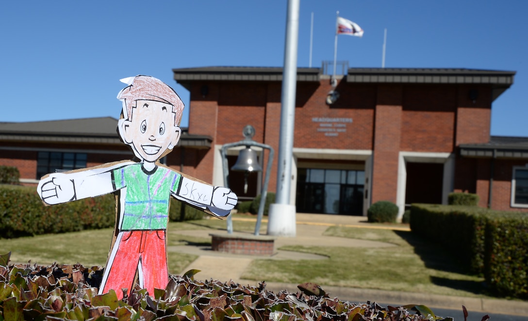Flat Stanley, a paper-thin cutout boy figure, arrives for duty at Marine Corps Logistics Base Albany Headquarters, recently.  He experienced what it was like to be a military police officer aboard a Marine Corps installation.
