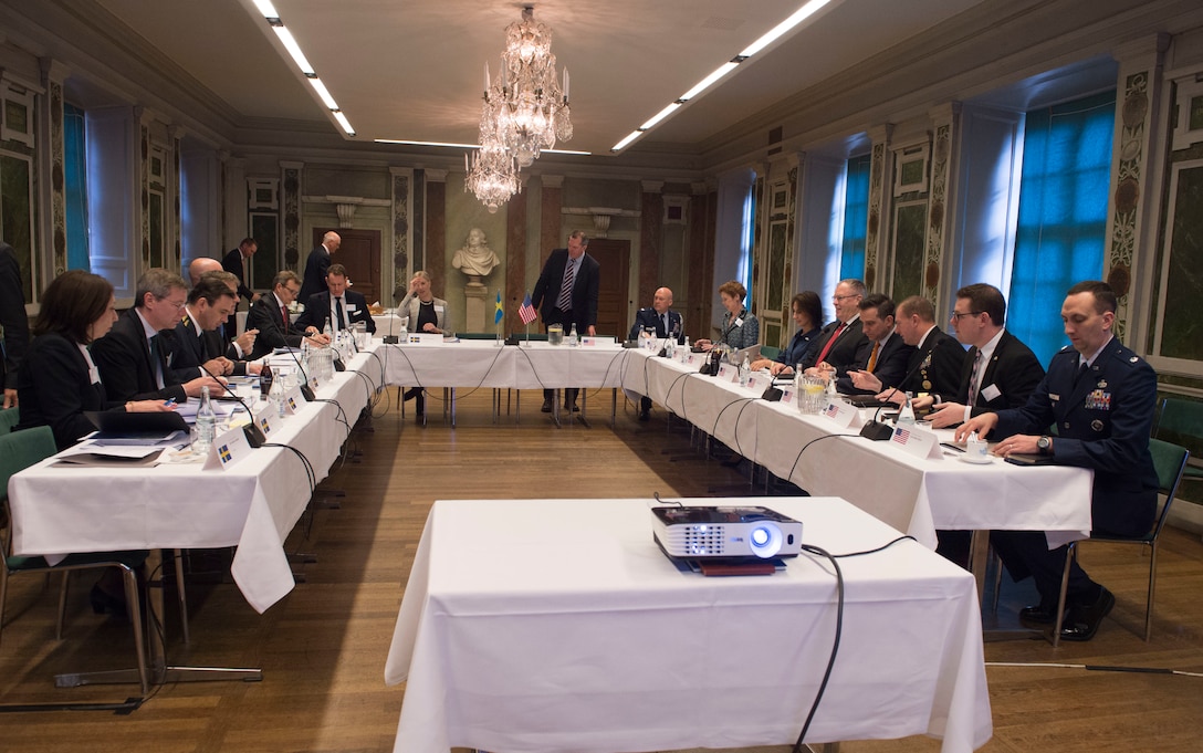 Deputy Defense Secretary Bob Work attends a bilateral meeting with Swedish defense officials in Stockholm, April 26, 2016. DoD photo by Navy Petty Officer 1st Class Tim D. Godbee