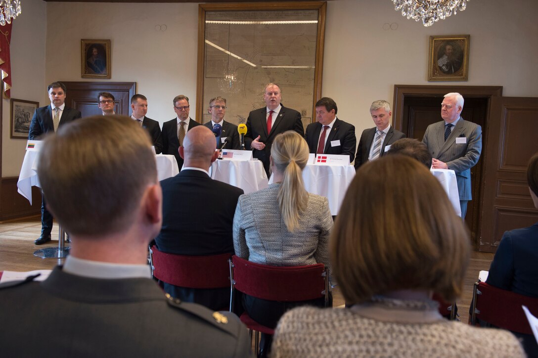 Deputy Defense Secretary Bob Work speaks at a news conference with defense representatives from Baltic and Nordic states in Stockholm, April 26, 2016. DoD photo by Navy Petty Officer 1st Class Tim D. Godbee