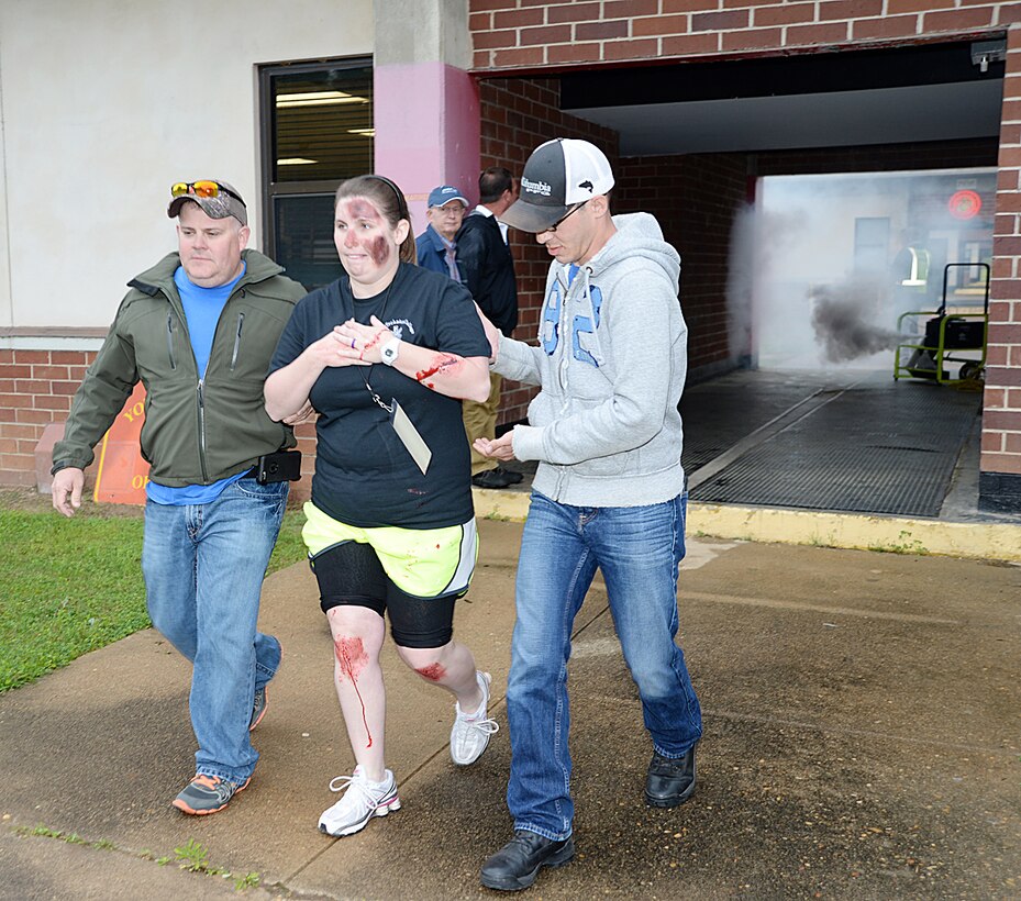 Students from Albany Technical College in Albany, Ga., take part in Exercise Black Swan 2016 aboard Marine Corps Logistics Base Albany, April 12. The students were role players portraying injured victims during the full-scale exercise. 