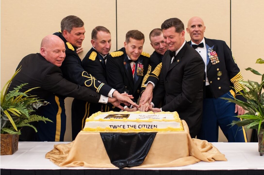 The U.S. Army Reserve concluded its 108th birthday celebration with a military ball on 23 April 2016 at the Iron Mike Conference Center at Fort Bragg, NC.  The ceremonial cake was cut by: (L-R) James Balocki, Director, Army Reserve Services and Infrastructure; Chief Warrant Officer 5 Russell Smith, Command Chief Warrant Officer of the Army Reserve; GEN Robert Abrams, U.S. Army Forces Command commanding general; LTG Jeffrey W. Talley, Chief of Army Reserve and Commanding General of U.S. Army Reserve Command; CSM James Wills, Interim Command Sergeant Major of the Army Reserve; the Hon. Patrick J. Murphy, Acting Secretary of the Army; and CSM Scott Schroeder, U.S. Army Forces Command, Command Sergeant Major.