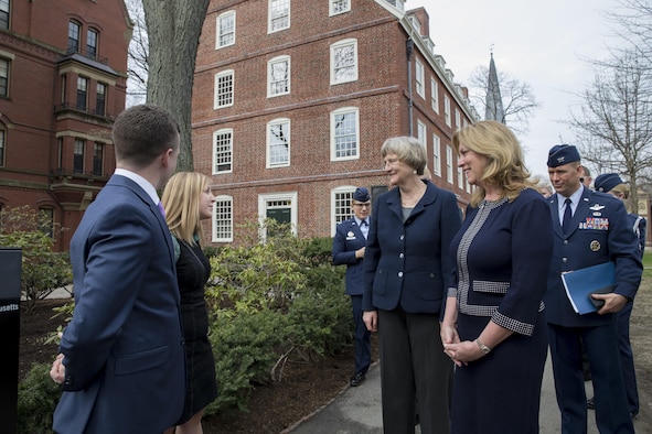 Air Force Secretary Deborah Lee James tours Harvard University in Cambridge, Mass., before signing an agreement officially brining the Air Force ROTC program back to the school April 22, 2016. It marked the first time the school has officially recognized the Air Force program since school officials stripped the program of its academic standing in 1971. James was accompanied by Harvard President Drew Faust. (Photo courtesy of Harvard/Rose Lincoln)