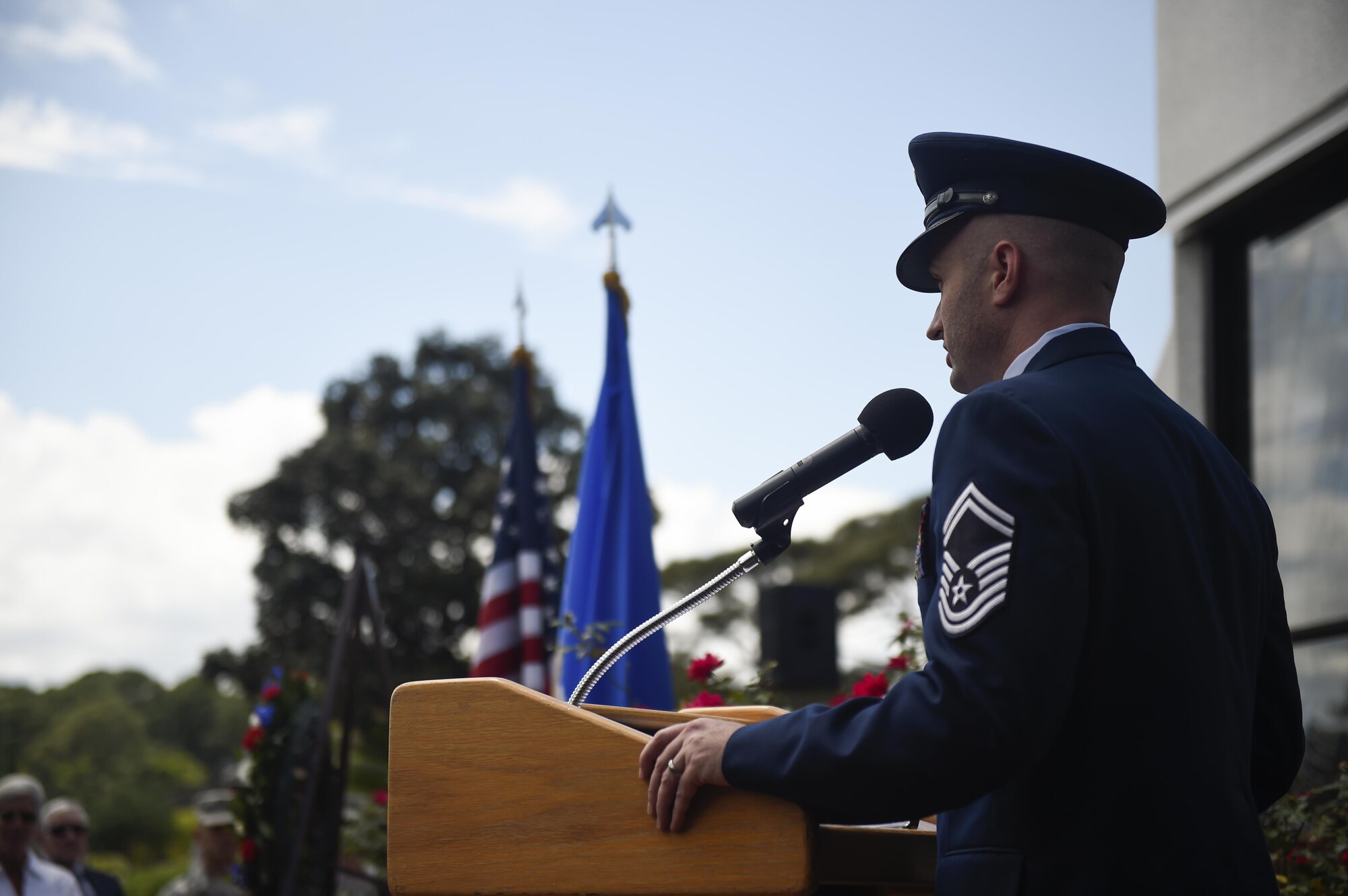 Senior Master Sgt. Kevin Forrest, the superintendent of the 8th Special Operations Squadron, provides closing remarks for the 36th anniversary of Operation Eagle Claw at Hurlburt Field, Fla., April 25, 2016. Operation Eagle Claw was an attempted rescue mission April 24, 1980, into Iran to recover more than 50 American hostages who were captured after a group of radicals took over the American embassy in Tehran, Nov. 4, 1979. The mission resulted in the deaths of eight service members at a remote site deep in Iranian territory known as Desert One. (U.S. Air Force photo Airman 1st Class Kai White)