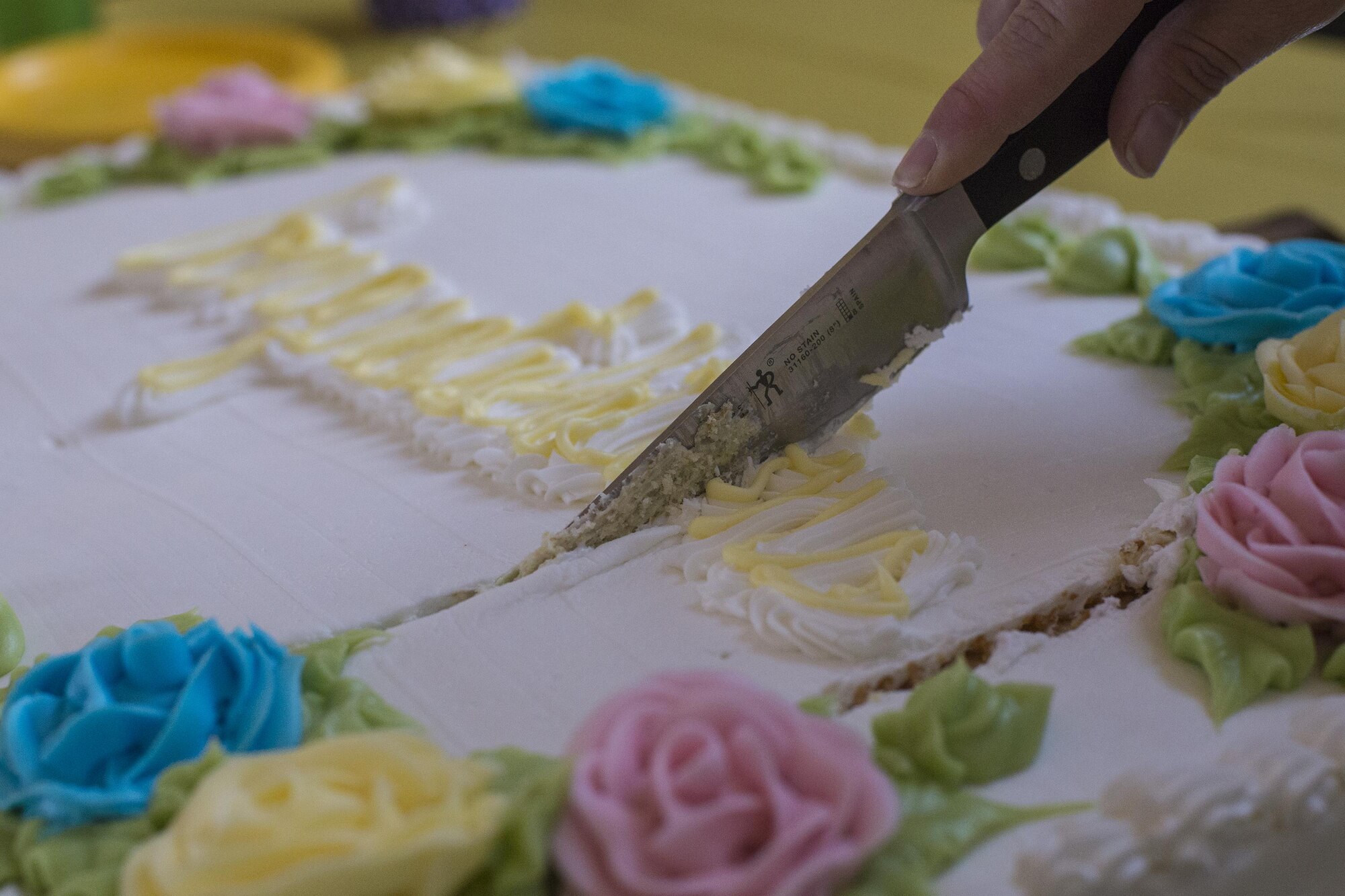 A member of the Moody Thrift Shop cuts into a congratulatory cake during a scholarship ceremony, April 24, 2016, at Moody Air Force Base, Ga. The Thrift Shop gave away approximately $7,000 in scholarships to nine recipients due to the shop’s success. (U.S. Air Force photo by Airman Daniel Snider/Released)