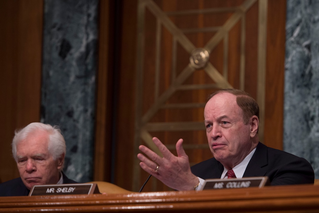 Sen. Richard Shelby, a member of the Senate Appropriations defense subcommittee, speaks during a hearing on the Defense Department's fiscal year 2017 budget request in Washington, D.C., April 27, 2016. Defense Secretary Ash Carter; Marine Corps Gen. Joe Dunford, chairman of the Joint Chiefs of Staff; and DoD Comptroller and Chief Financial Officer Mike McCord testified at the hearing. DoD photo by Air Force Senior Master Sgt. Adrian Cadiz