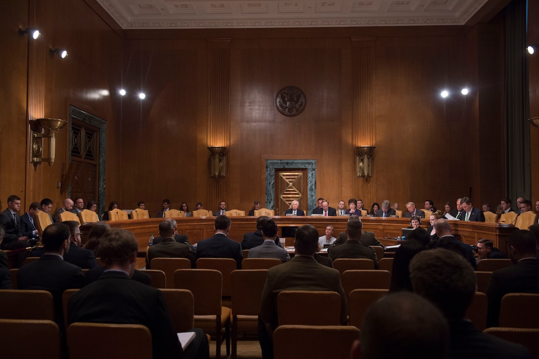 Members of the Senate Appropriations defense subcommittee hear testimony on the Defense Department's fiscal year 2017 budget request from Defense Secretary Ash Carter; Marine Corps Gen. Joe Dunford, chairman of the Joint Chiefs of Staff; and DoD Comptroller and Chief Financial Officer Mike McCord in Washington, D.C., April 27, 2016. DoD photo by Air Force Senior Master Sgt. Adrian Cadiz