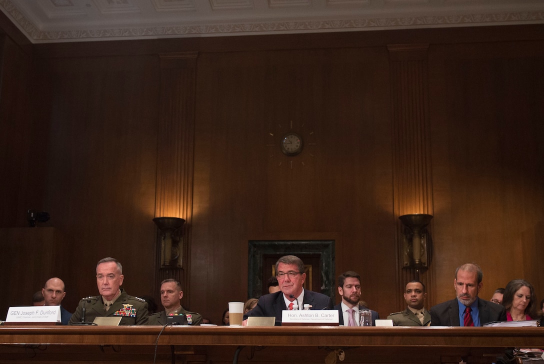 Front row, from left, Marine Corps Gen. Joe Dunford, chairman of the Joint Chiefs of Staff; Defense Secretary Ash Carter; and Defense Department Comptroller and Chief Financial Officer Mike McCord testify on the department's fiscal year 2017 budget request before the Senate Appropriations defense subcommittee in Washington, D.C., April 27, 2016. DoD photo by Air Force Senior Master Sgt. Adrian Cadiz