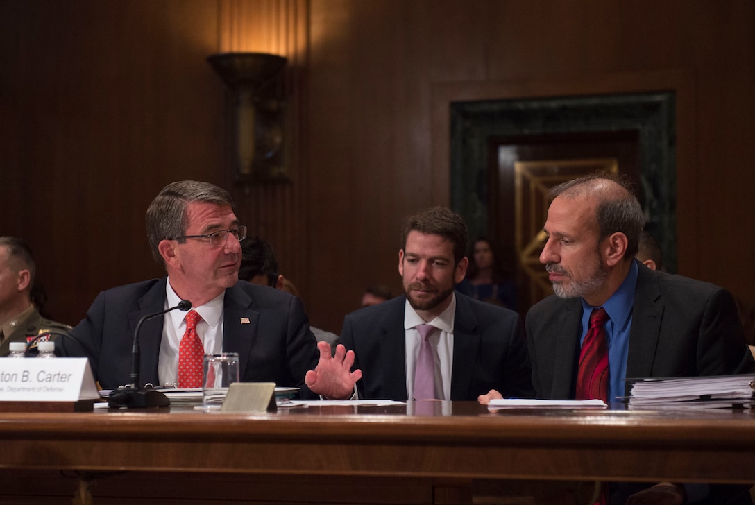 Defense Secretary Ash Carter and Defense Department Comptroller and Chief Financial Officer Mike McCord, right, testify on the Defense Department's fiscal year 2017 budget request before the Senate Appropriations defense subcommittee in Washington, D.C., April 27, 2016. DoD photo by Air Force Senior Master Sgt. Adrian Cadiz