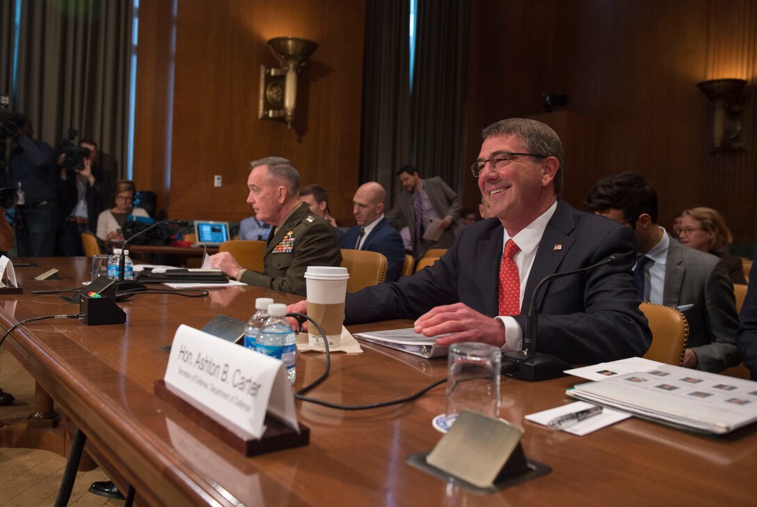 Defense Secretary Ash Carter shares a light moment while appearing before the Senate Appropriations defense subcommittee to testify on the Defense Department's fiscal year 2017 budget request in Washington, D.C., April 27, 2016. DoD photo by Air Force Senior Master Sgt. Adrian Cadiz