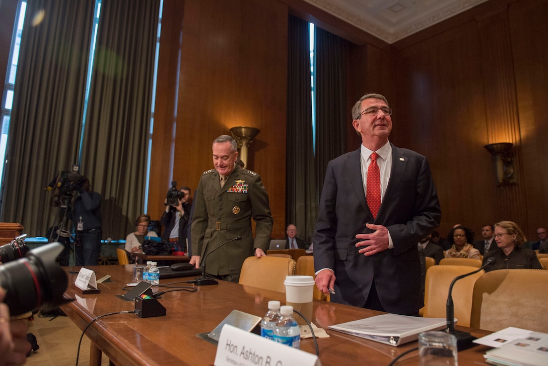 Defense Secretary Ash Carter and Marine Corps Gen. Joe Dunford, chairman of the Joint Chiefs of Staff, arrive at the Dirksen Senate Office Building to testify on the Defense Department's fiscal year 2017 budget request before the Senate Appropriations defense subcommittee in Washington, D.C., April 27, 2016. DoD photo by Air Force Senior Master Sgt. Adrian Cadiz
