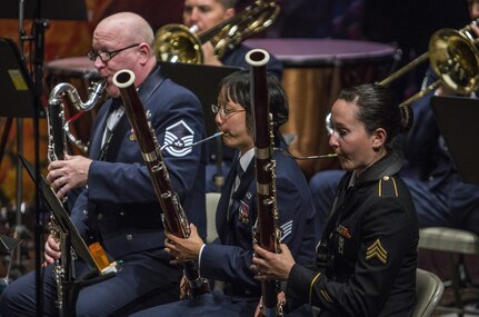 Members of the U.S. Air Force Band of the West perform during the Fiesta in Blue concert April 19 at Trinity University's Laurie Auditorium. The Air Force Band of the West is headquartered at Joint Base San Antonio-Lackland and has been a part of Fiesta San Antonio events for more than 20 years. 