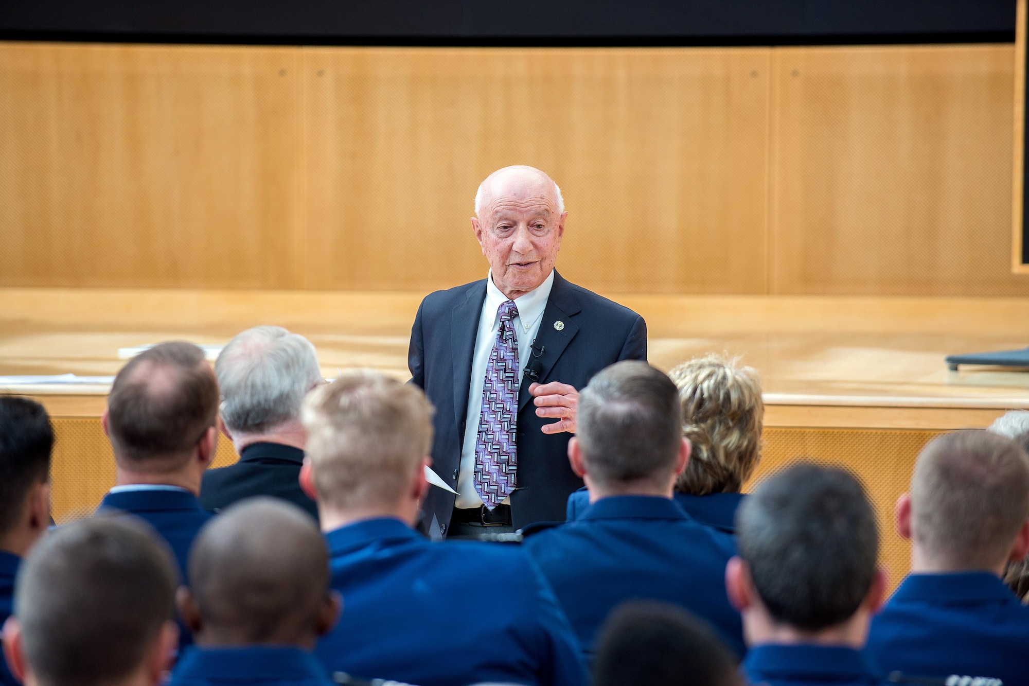 Retired Brig. Gen. Malhan  Wakin, the U.S. Air Force Academy’s professor emeritus of philosophy, gave an inaugural address celebrating the grand opening of Polaris Hall and the mission of the CCLD, and doubling as his retirement speech, April 25, 2016. Wakin began teaching at the Academy in 1959. He served as head of the philosophy department, humanities division chair and associate dean. Wakin retired from his active duty Air Force career in 1993.(U.S. Air Force photo/Mike Kaplan)