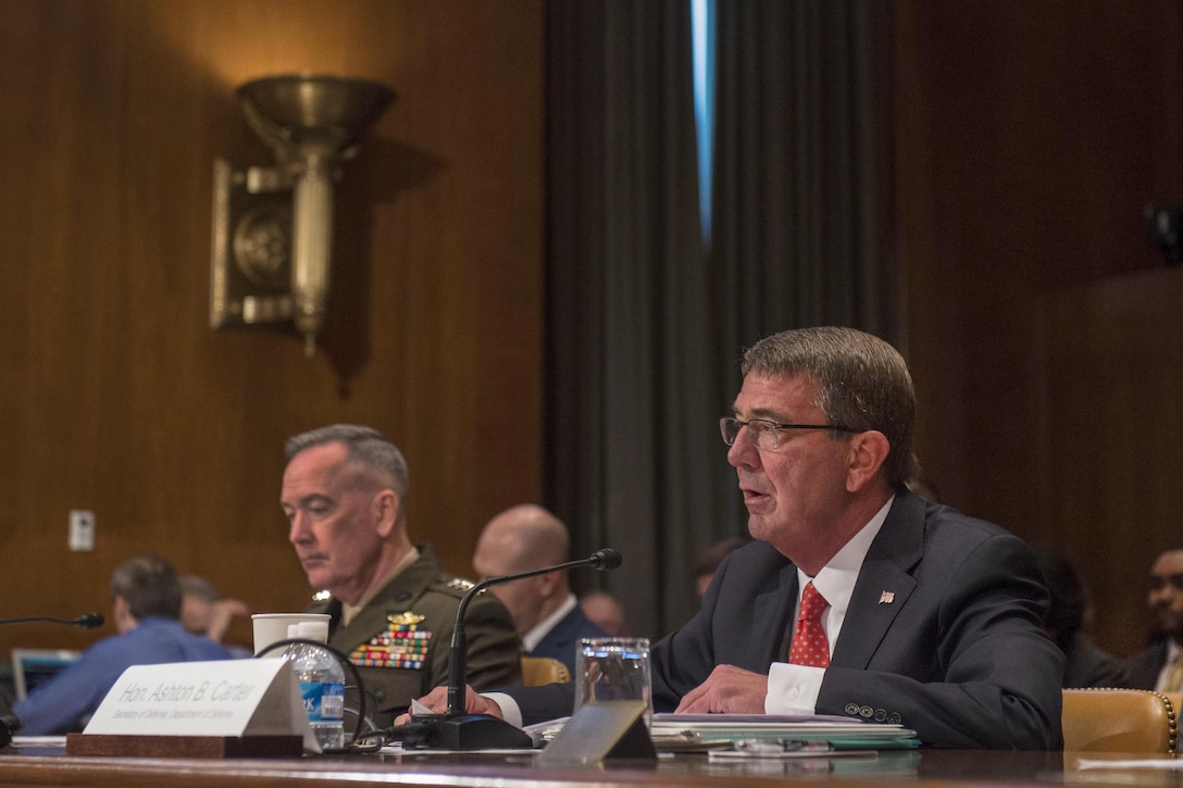 Defense Secretary Ash Carter testifies on the Defense Department's fiscal year 2017 budget request before the Senate Appropriations Committee's defense subcommittee as Marine Corps Gen. Joe Dunford, chairman of the Joint Chiefs of Staff, listens in Washington, D.C., April 27, 2016. DoD photo by Air Force Senior Master Sgt. Adrian Cadiz