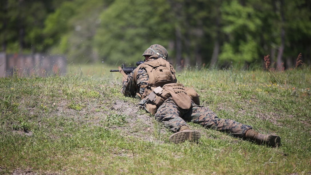 Pfc. Joshua Zapsky, a rifleman with Kilo Company, 3rd Battalion, 8th Marine Regiment, engages targets down range during a fire-team attack exercise as part of the battalion field exercise at Marine Corps Base Camp Lejeune, North Carolina, April 26, 2016. The unit is slated to conduct a training package at Marine Corps Mountain Warfare Training Center Bridgeport, Calif., in the coming months.