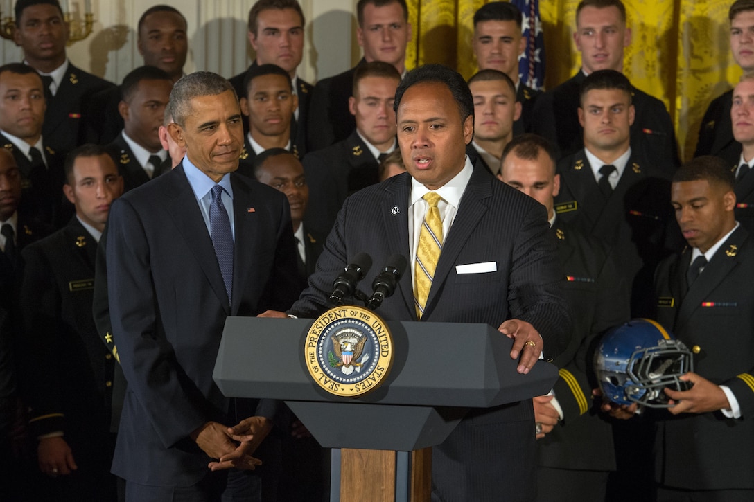 Ken Niumatalolo, the head coach of the U.S. Naval Academy football team, speaks during a Commander in Chief’s Trophy award ceremony at the White House in Washington, D.C., April 27, 2016. DoD photo by EJ Hersom