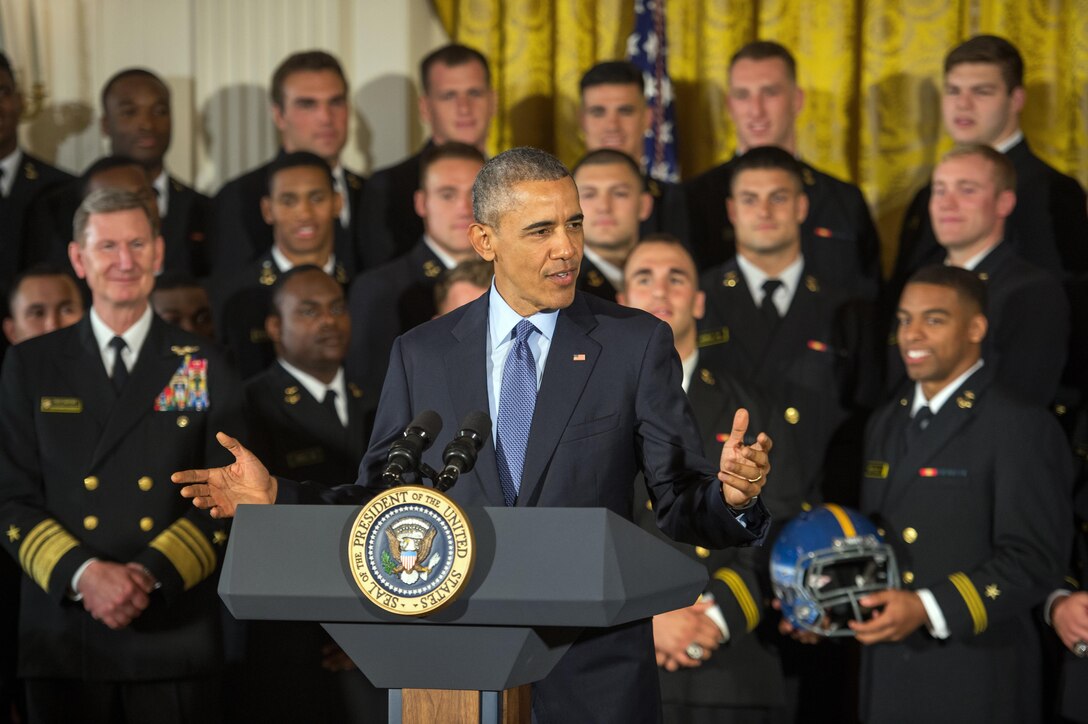 President Barack Obama delivers remarks during a Commander in Chief’s Trophy award ceremony at the White House in Washington, D.C., April 27, 2016. Obama presented the trophy to the U.S. Naval Academy football team during the ceremony. DoD photo by EJ Hersom