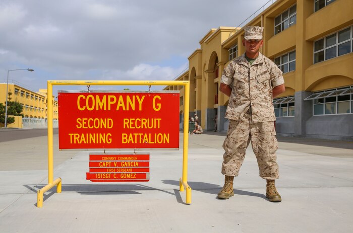 Private Sylviano R. Gonzalez, Golf Company, 2nd Recruit Training Battalion, stands next to his squad bay at Marine Corps Recruit Depot San Diego, April 25. Following recruit training, Gonzalez will report to the School of Infantry at Marine Corps Base Camp Pendleton, Calif., to become an infantryman. Annually, more than 17,000 males recruited from the Western Recruiting Region are trained at MCRD San Diego. Golf Company is scheduled to graduate April 29.