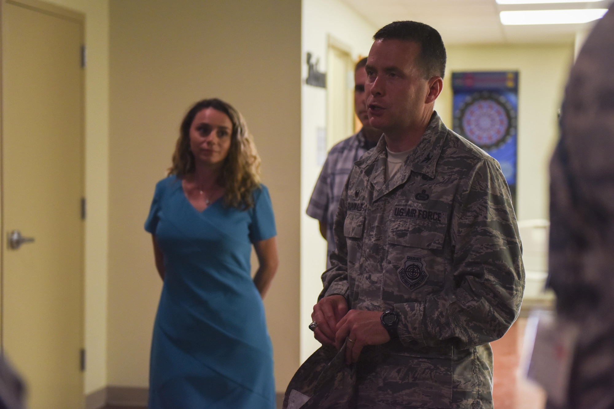 U.S. Air Force Col. Michael Grunwald Jr., 17th Training Group Commander, speaks on the importance of the Teal Rope program at the Crossroads Student Center on Goodfellow Air Force Base, Texas, April 26, 2016. The Teal Rope program encourages open discussion about sexual assault and reporting options. (U.S. Air Force photo by Airman Chase Sousa/Released)