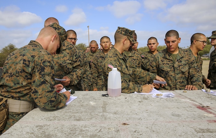 Recruits of Charlie Company, 1st Recruit Training Battalion, turn in their scores during a Marine Corps Martial Arts Program Test at Marine Corps Recruit Depot San Diego, April 27. If a recruit received more than five deficiency marks during the test, for either conducting the wrong technique or executing it incorrectly, he failed the test. Annually, more than 17,000 males recruited from the Western Recruiting Region are trained at MCRD San Diego. Charlie Company is scheduled to graduate May 20.