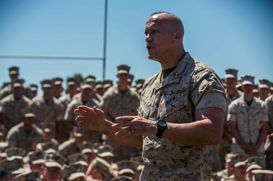 U.S. Marine Corps Maj. Gen. Richard L. Simcock, Commanding General 3D Marine Division, talks to Marines from 1st Battalion, 1st Marine Regiment about Marine Rotational Force Darwin (MRF-D) on Robertson Barracks, Darwin, Australia on April 24, 2016. MRF-D is a six-month deployment of Marines into Darwin, Australia, where they will conduct exercises and train with the Australian Defence Forces, strengthening the U.S.-Australia alliance. (U. S. Marine Corps Photo by MCIPAC Combat Camera Lance Cpl. Osvaldo L. Ortega III/Released)