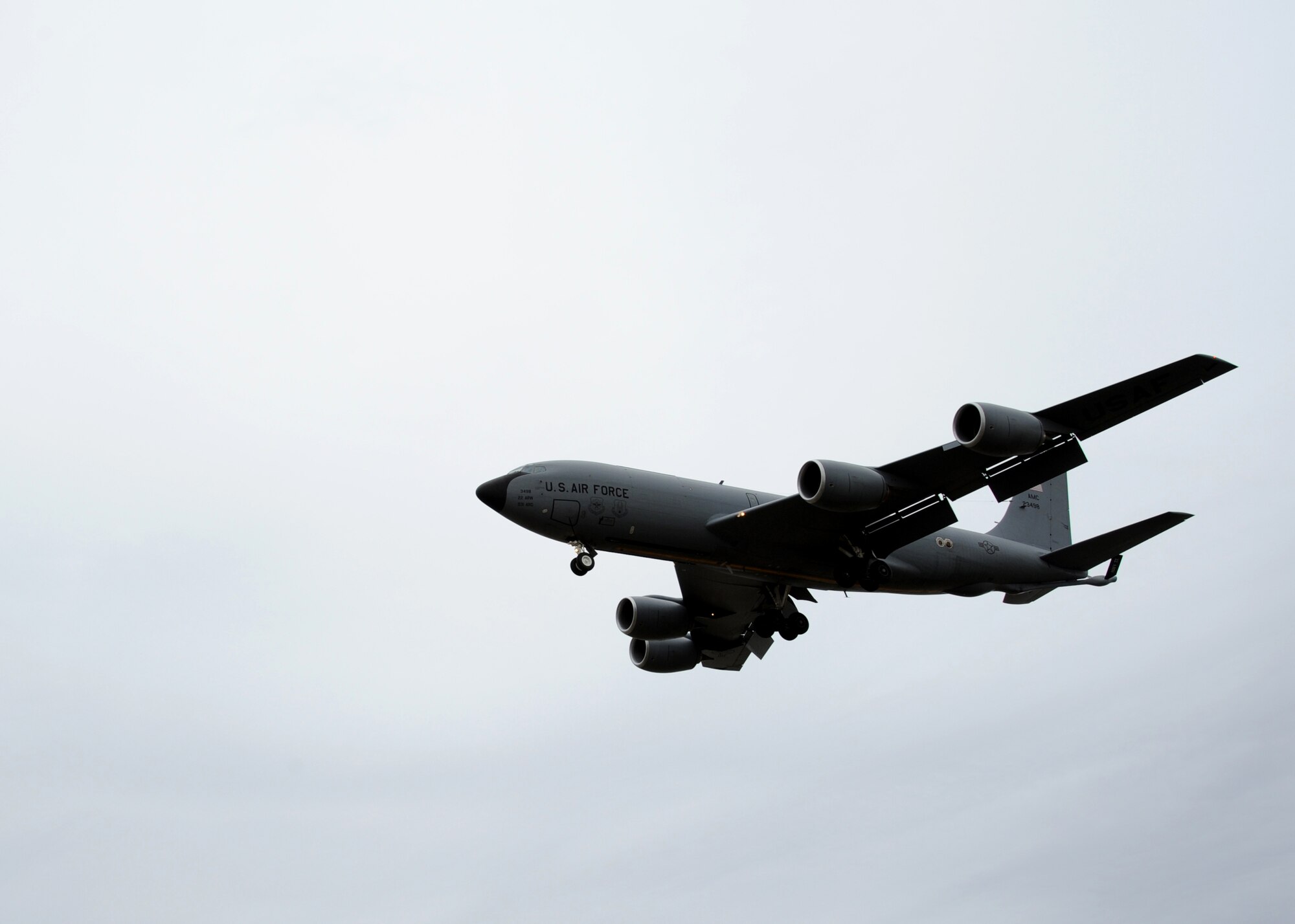 A KC-135 Stratotanker approaches the flight line April 26, 2016, on Grand Forks Air Force Base, N.D. Aircraft from Offutt Air Force Base, Neb., and McConnell Air Force Base, Kan., arrived at Grand Forks AFB as part of a severe weather evacuation. The aircraft will stay at Grand Forks AFB until the severe weather has passed. (U.S. Air Force photo by Airman 1st Class Ryan Sparks/Released)