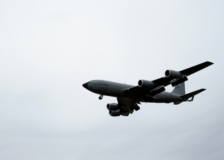 A KC-135 Stratotanker approaches the flight line April 26, 2016, on Grand Forks Air Force Base, N.D. Aircraft from Offutt Air Force Base, Neb., and McConnell Air Force Base, Kan., arrived at Grand Forks AFB as part of a severe weather evacuation. The aircraft will stay at Grand Forks AFB until the severe weather has passed. (U.S. Air Force photo by Airman 1st Class Ryan Sparks/Released)