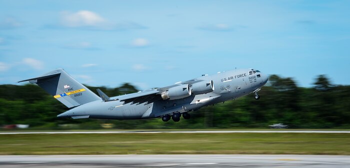 A Joint Base Charleston C-17 Globemaster III takes off April 25, 2016, on JB Charleston – Air Base, S.C. The 437th Airlift Wing flew into Manta, Ecuador, in support of earthquake relief operations. Aboard the aircraft were Army personnel from the Contingency Response Group as well as equipment including a mobile control tower and a five-passenger vehicle. The 437th AW provides global reach airlift capability at anytime and anywhere in the world. Whenever natural disasters occur, the 437th AW can provide humanitarian aid in a moment’s notice. (U.S. Air Force photo/Senior Airman Clayton Cupit)