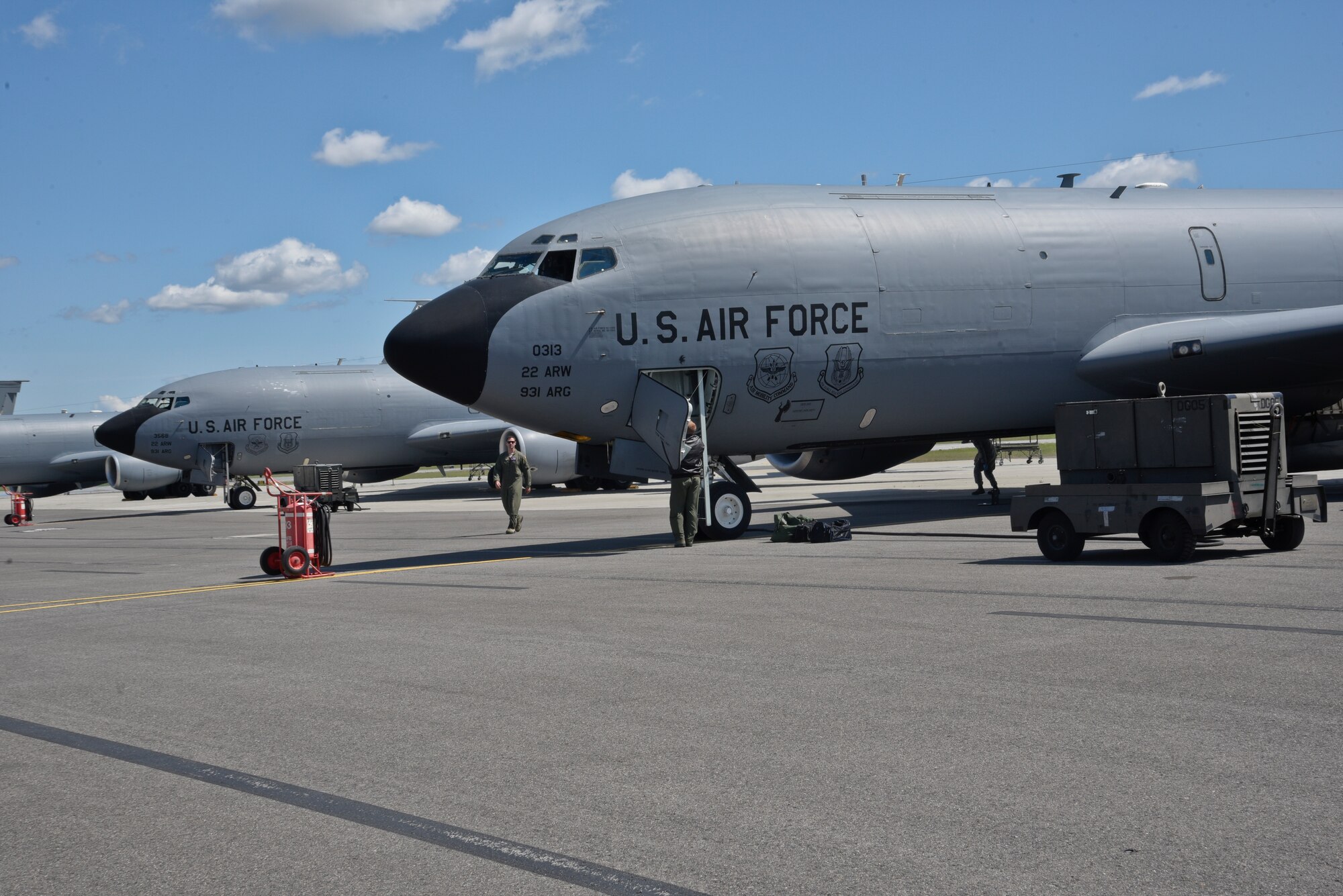 Crew members from McConnell Air Force Base, Kan., unload their KC-135 Stratotankers April 26, 2016, at Fairchild AFB, Wash. Six KC-135’s along with 36 crew members from McConnell evacuated to Fairchild. “Severe weather with damaging winds and hail with a possibility of tornados has been predicted in Kansas,” said Col. Phil Heseltine, 22nd Air Refueling Wing vice commander. “As a precaution, we decided to evacuate aircraft to an area with less risk.” (U.S. Air Force photo/Airman 1st Class Taylor Bourgeous)