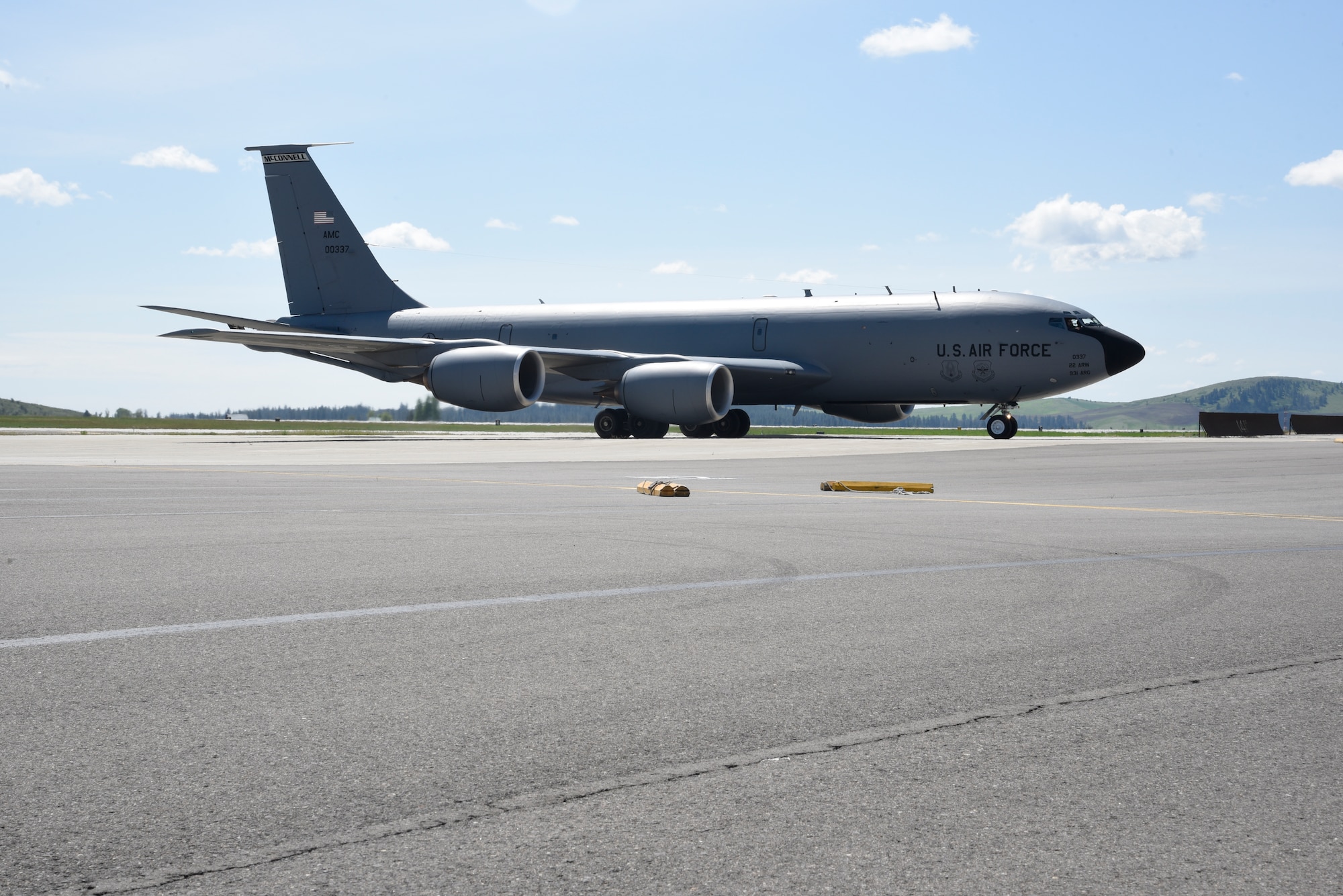 A KC-135 Stratotanker from McConnell Air Force Base, Kan., taxis in April 26, 2016, at Fairchild AFB, Wash. Six KC-135’s along with 36 crew members from McConnell evacuated to Fairchild. “Severe weather with damaging winds and hail with a possibility of tornados has been predicted in Kansas,” said Col. Phil Heseltine, 22nd Air Refueling Wing vice commander. “As a precaution, we decided to evacuate aircraft to an area with less risk.” (U.S. Air Force photo/Airman 1st Class Taylor Bourgeous)